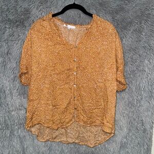 DR2 Women's XL Orange Yellow Tan Leopard Print Button Up Shirt Top Casual‎
